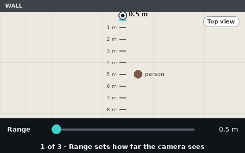 Animated guide: the Range slider makes the beam longer or shorter in metres, Opacity makes it more or less see-through, and Color changes its color.