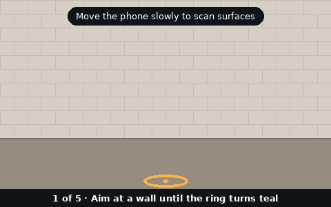 Animated walkthrough: move the phone until the ring on the wall turns teal, tap to mount a camera, then see how pan turns the beam left and right, tilt moves it up and down, and view angle makes it wider or narrower.